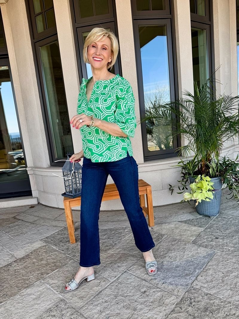 Dark Wash Straight Leg Jeans with a Patterned Blouse — Cute Jeans Outfit Inspo