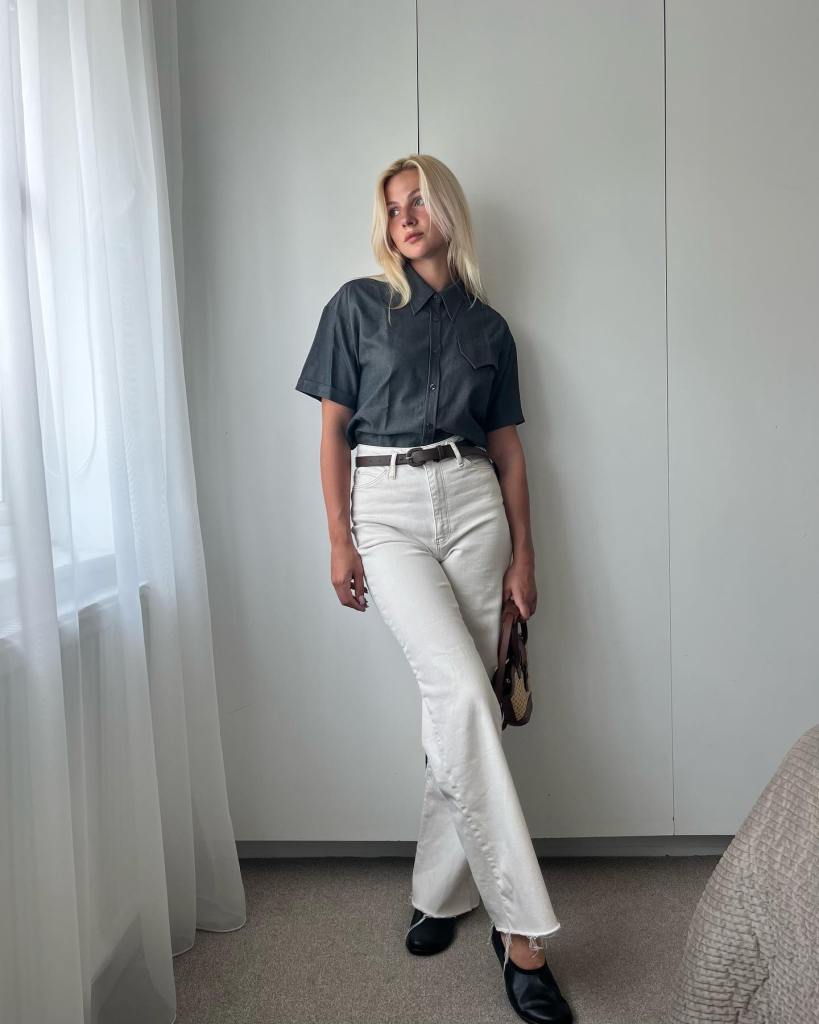 White Straight Leg Jeans with a Grey Button-Up Shirt — Cute Jeans Outfit Inspo