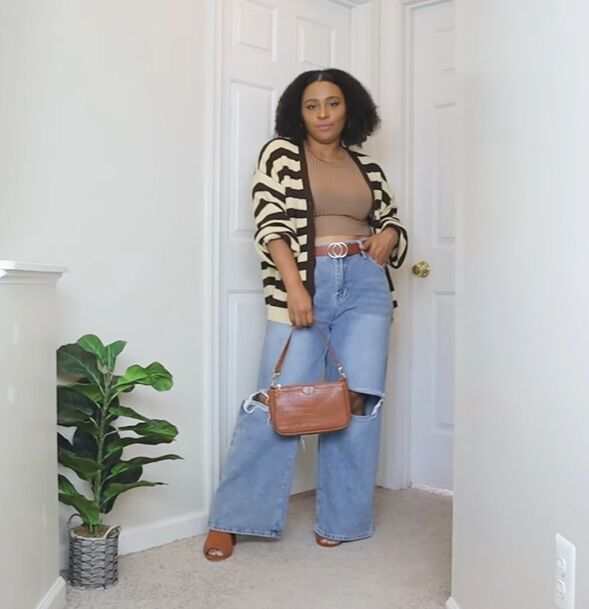 Distressed Wide Leg Jeans with a Striped Knit Cardigan — Cute Jeans Outfit Inspo
