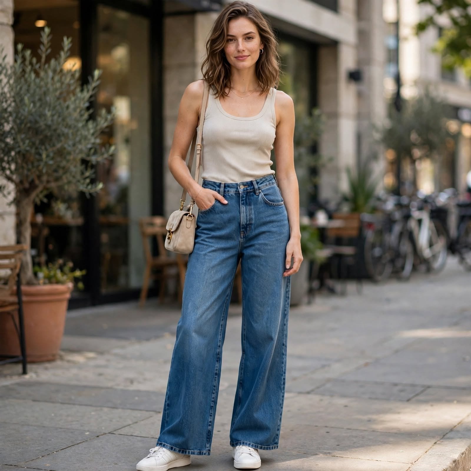 Medium Wash Wide Leg Jeans with a Beige Ribbed Tank Top — Cute Jeans Outfit Inspo