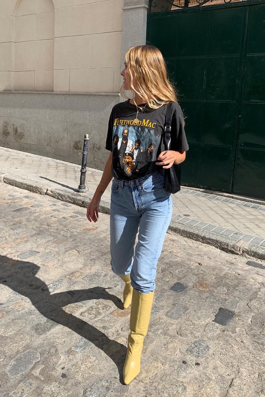 Light Blue Straight Leg Jeans with Yellow Knee-High Boots — Cute Jeans Outfit Inspo