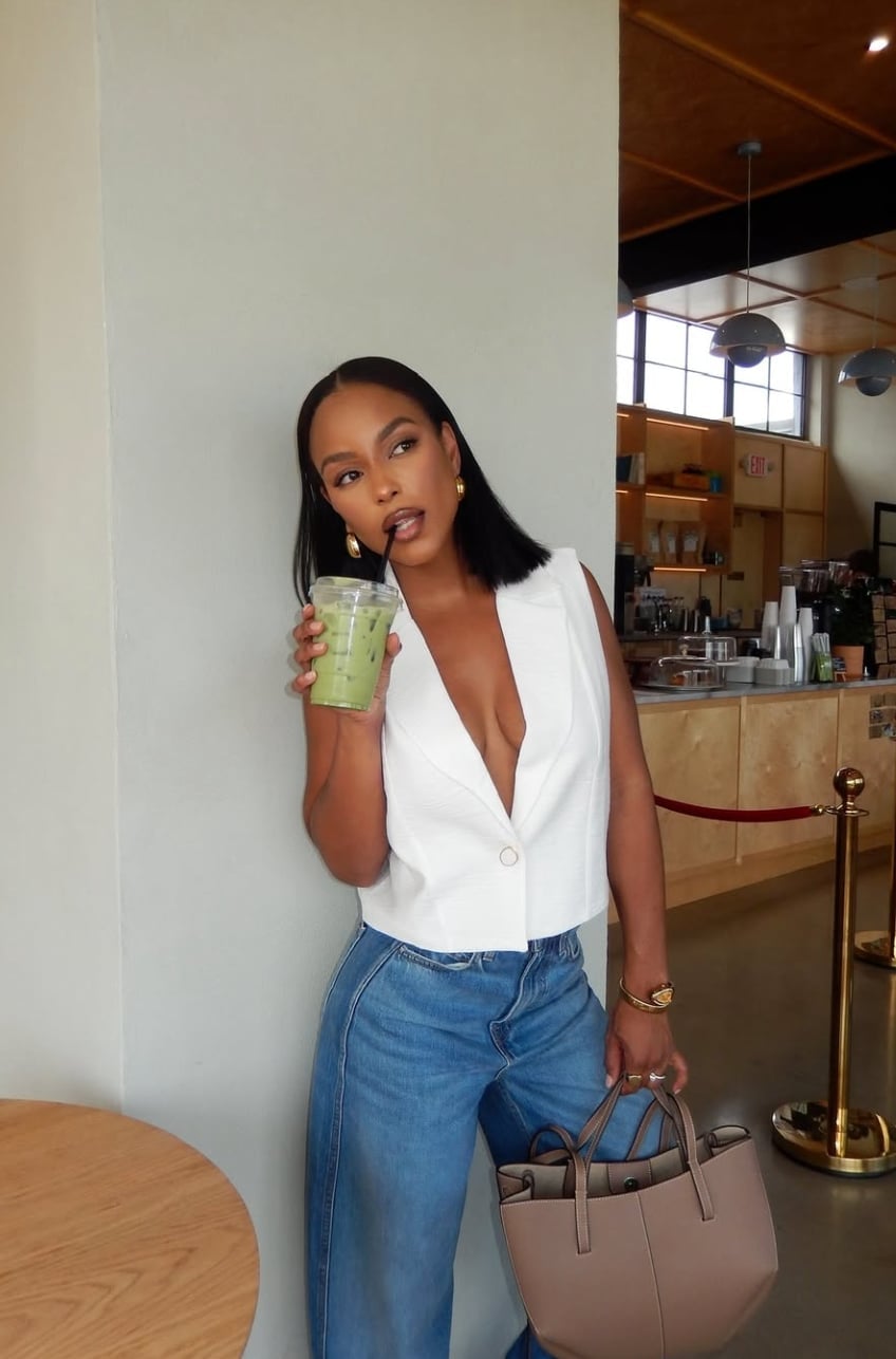 Light Wash Wide Leg Jeans with a White V-neck Vest — Cute Jeans Outfit Inspo
