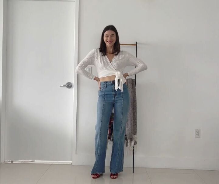 Paneled Wide Leg Jeans with a White Ribbed Wrap Top — Cute Jeans Outfit Inspo