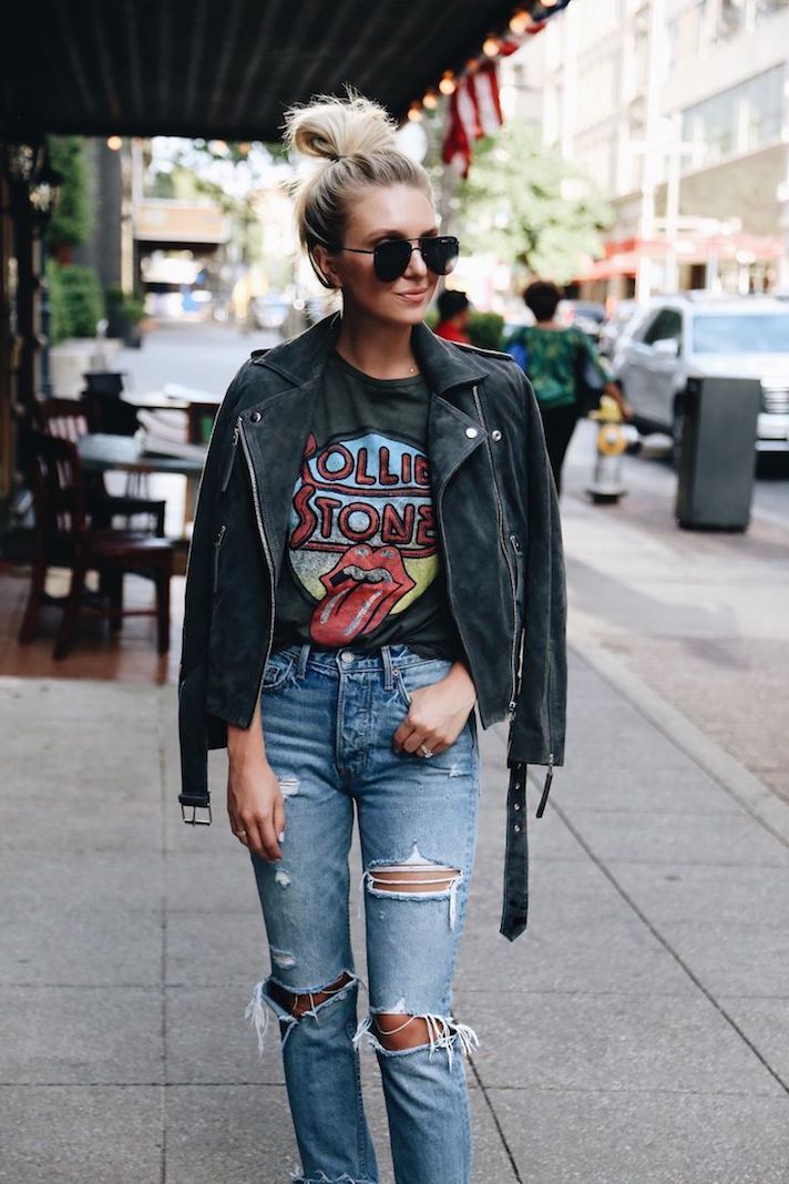 Distressed Light Wash Straight Leg Jeans with a Suede Jacket, Blue — Cute Jeans Outfit Inspo