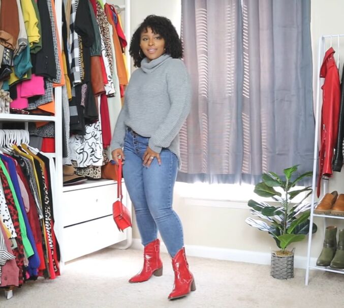 Blue Skinny Leg Jeans with Red Patent Leather Boots — Cute Jeans Outfit Inspo