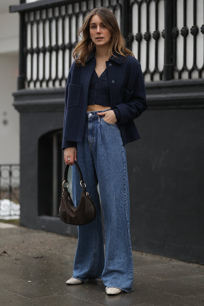 Navy Cropped Jacket with Wide Leg Jeans — Cute Jeans Outfit Inspo