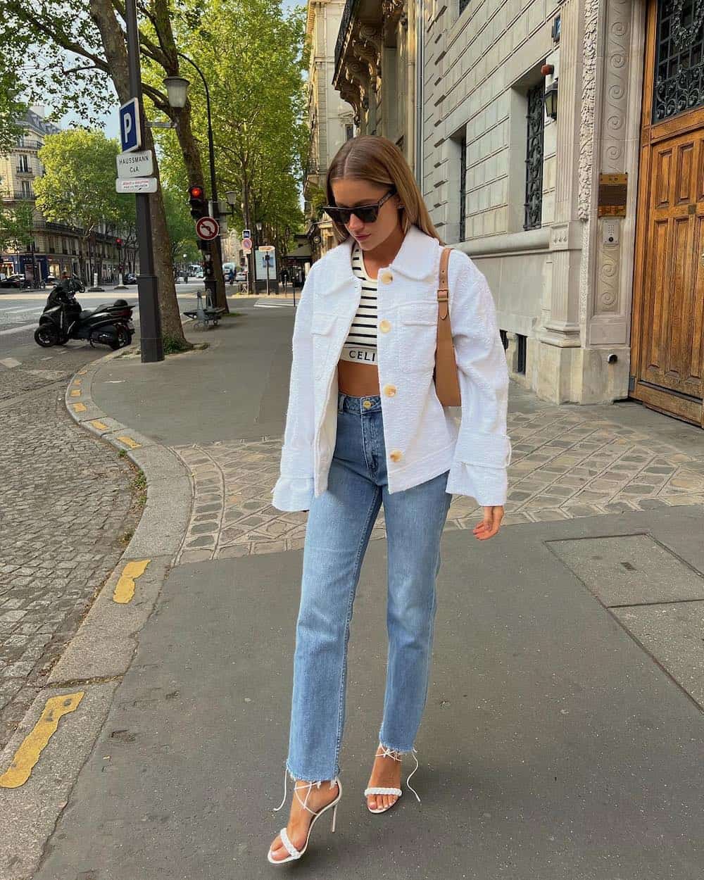 White Textured Jacket with Light Wash Straight Leg Jeans — Cute Jeans Outfit Inspo