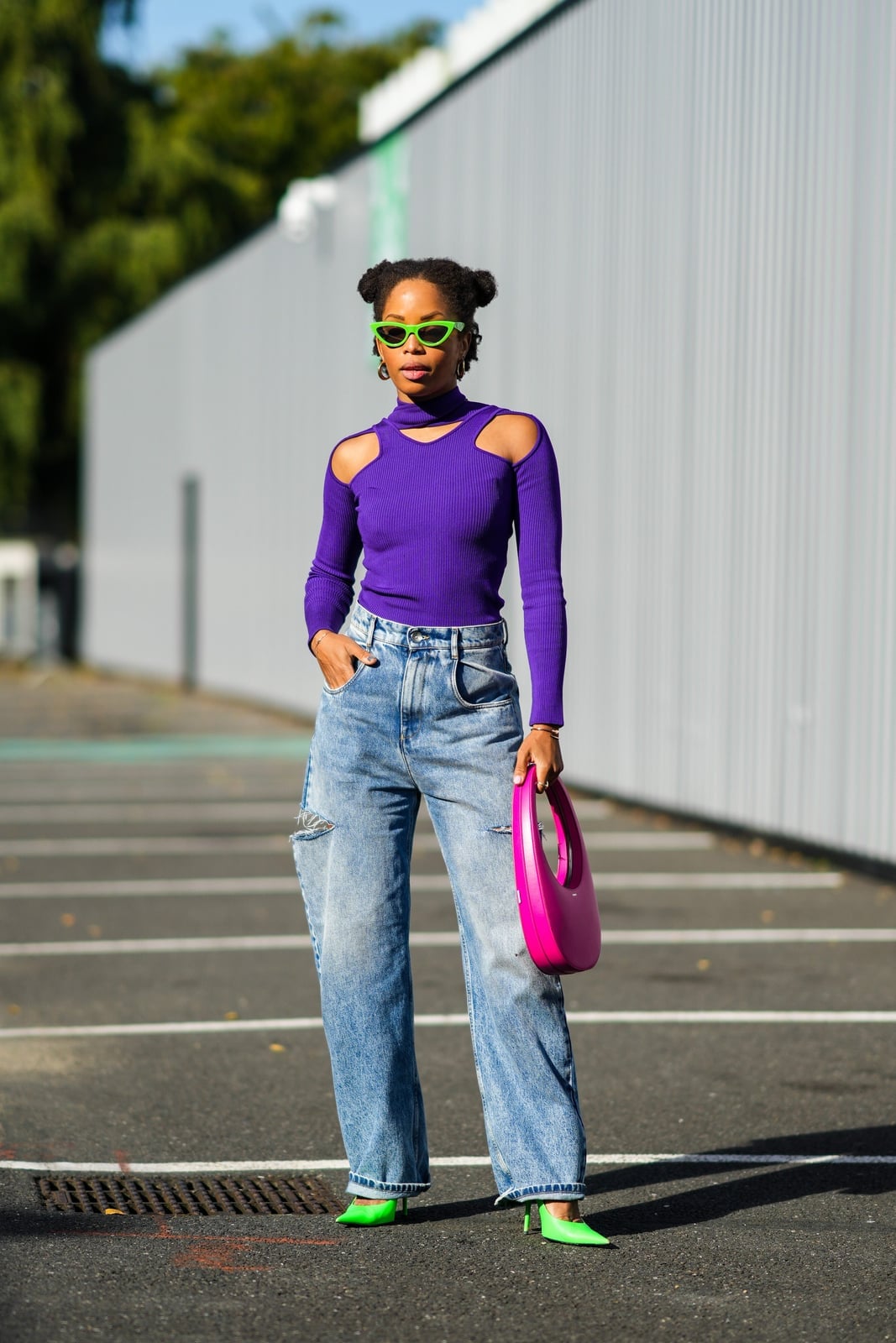Light Blue Baggy Jeans with a Purple Cut-Out Top — Cute Jeans Outfit Inspo