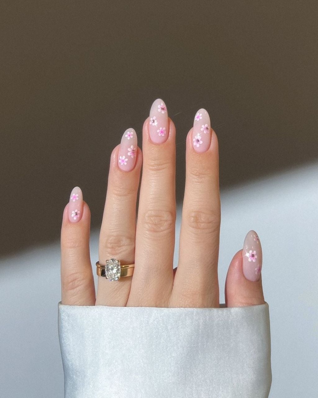 Sheer Pink Medium Almond Delicate Floral Nails — Cute Medium Nails