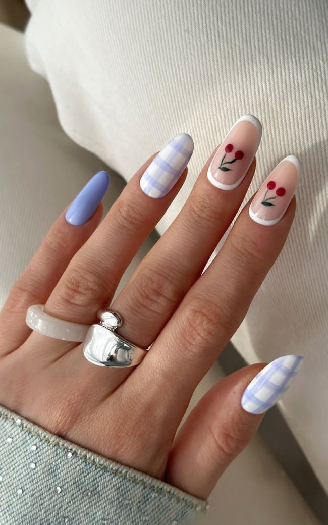 Sheer Pink Medium Almond Cherry Gingham Nails — Cute Medium Nails