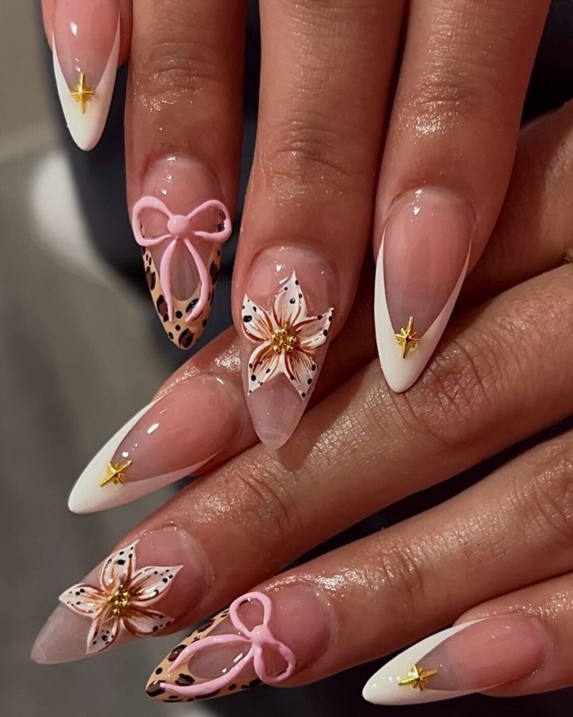 Medium Oval Pink Floral Ribbed Accent Nails — Cute Medium Nails