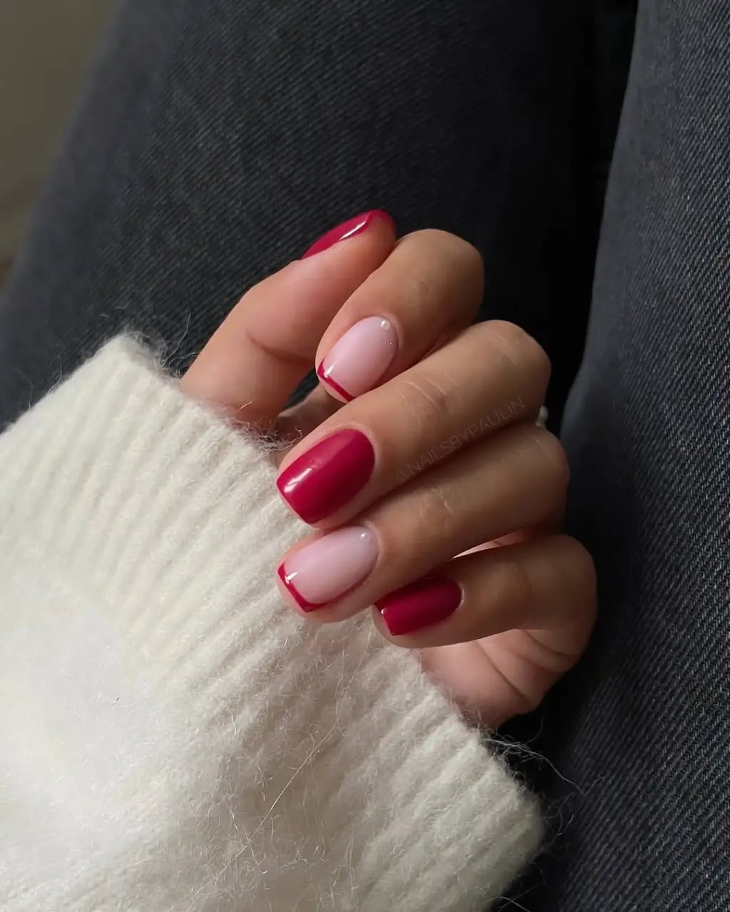 Short Square Deep Pink Micro French Nails — Cute Medium Nails
