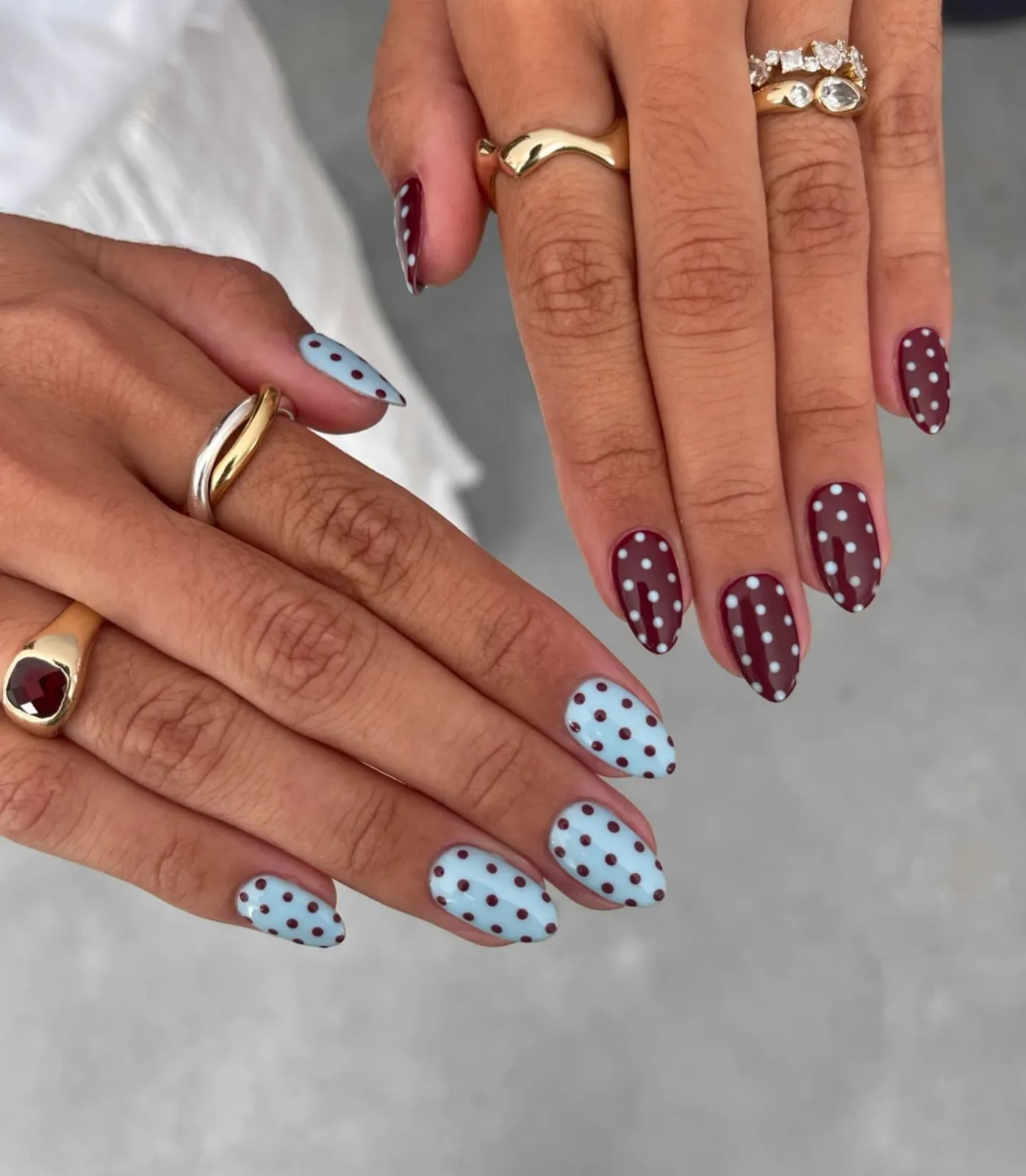 Medium Almond Burgundy Light Blue Polka Dot Nails — Cute Medium Nails
