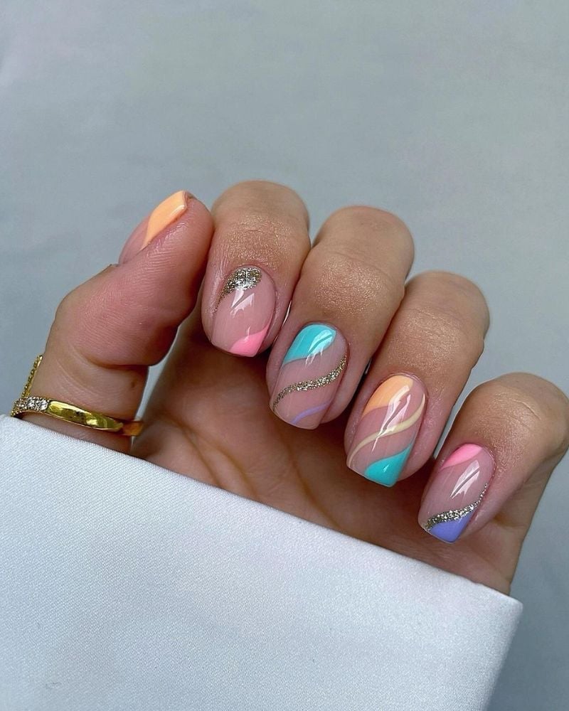 Short Square Pastel Abstract Color Block Nails — Cute Medium Nails