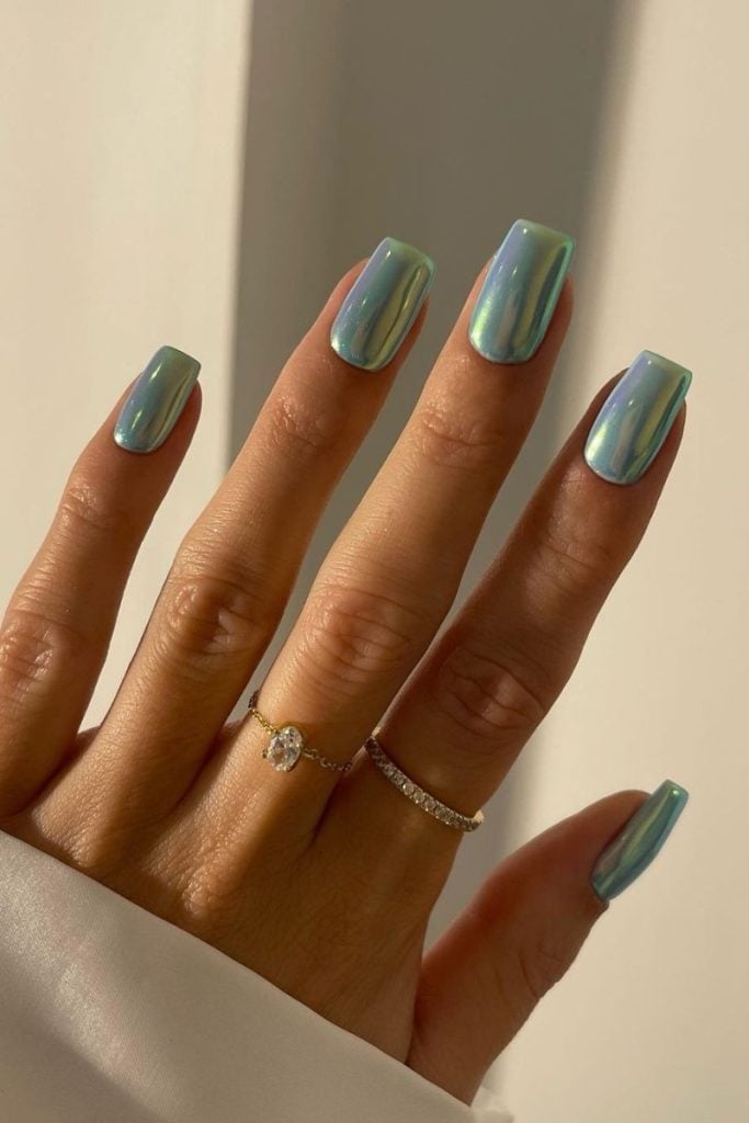 Medium Square Iridescent Chrome Nails — Cute Medium Nails