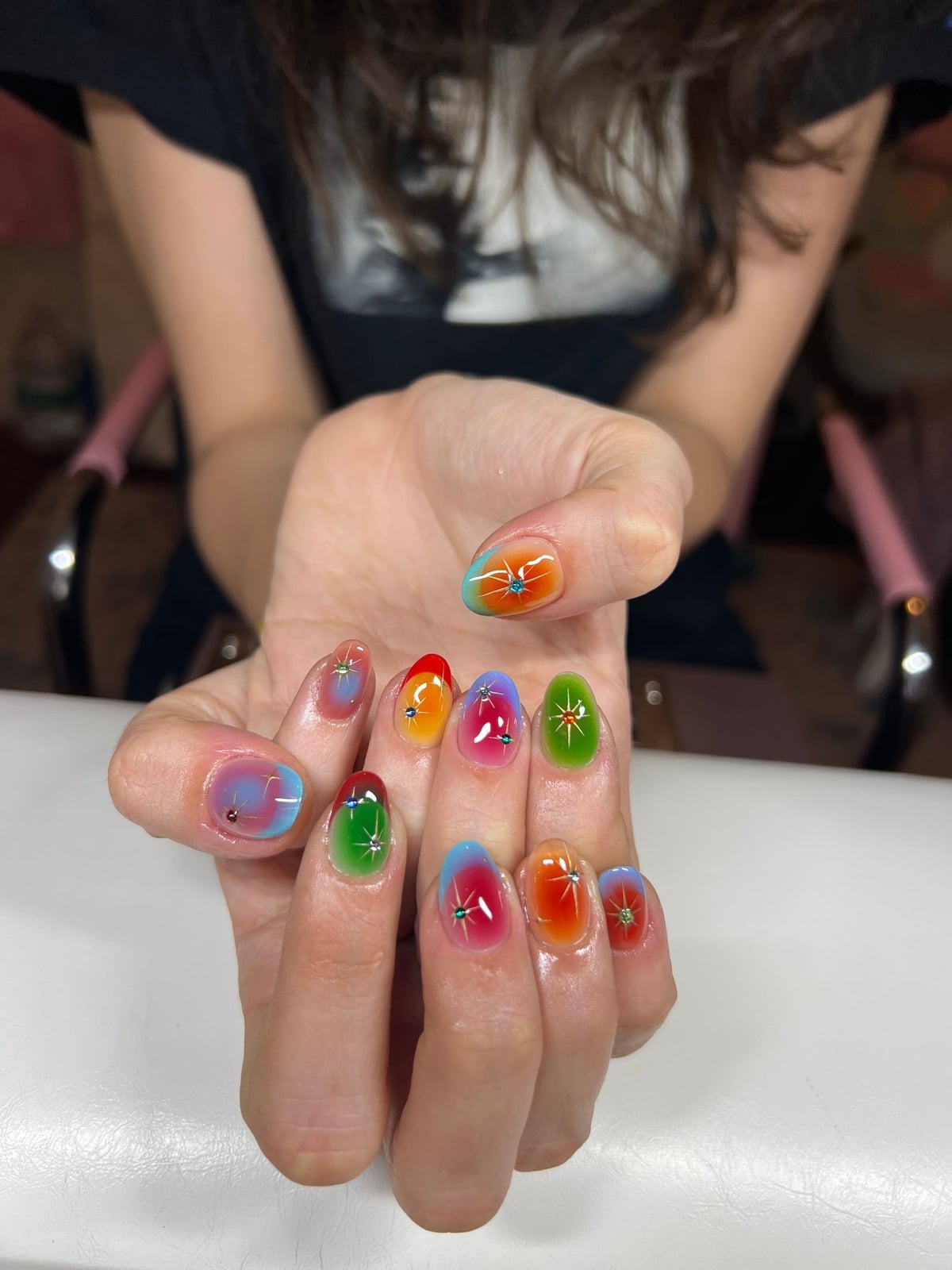 Medium Almond Rainbow Cat-Eye Star Rhinestone Nails — Cute Medium Nails