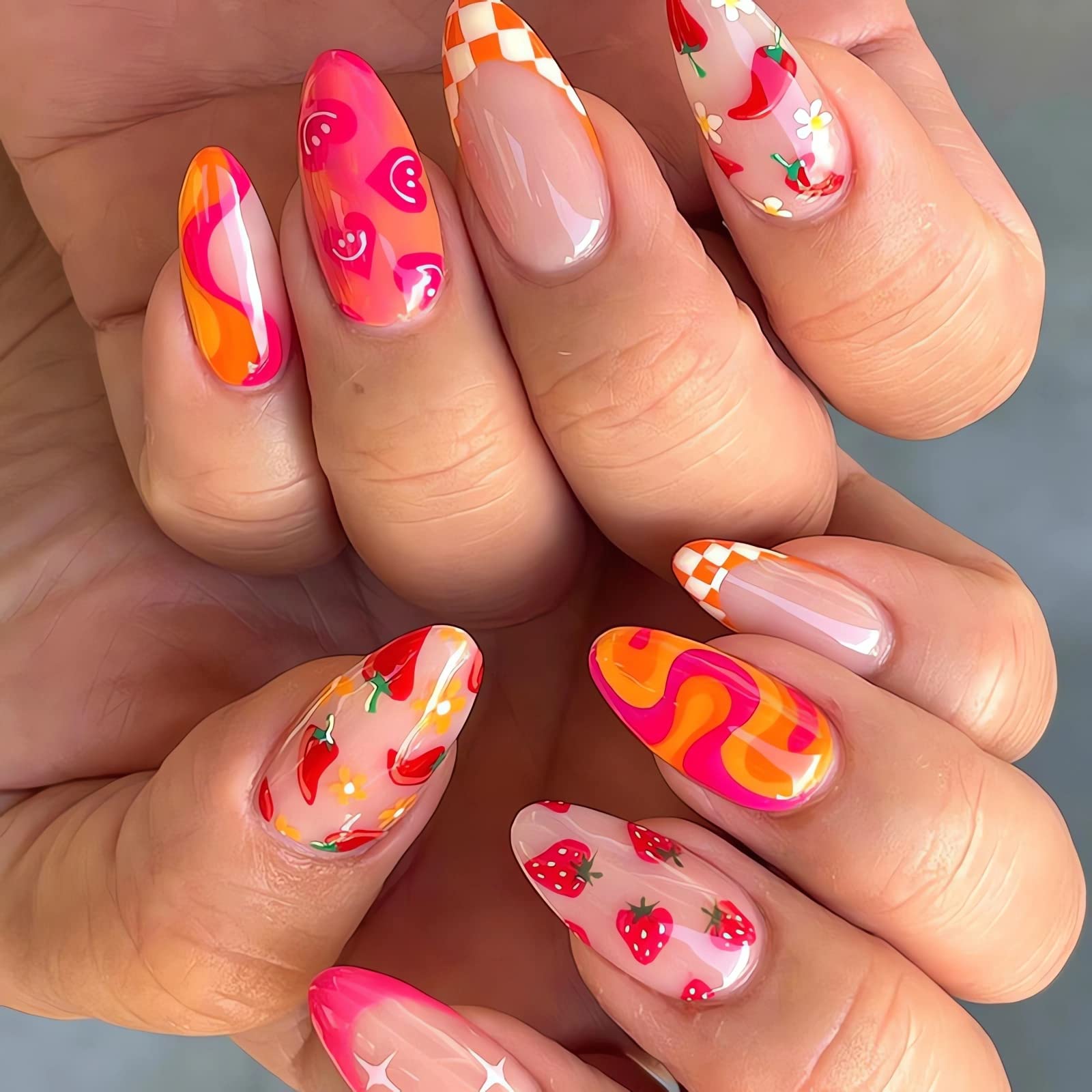 Playful Medium Almond Mixed Motif Nails — Cute Medium Nails