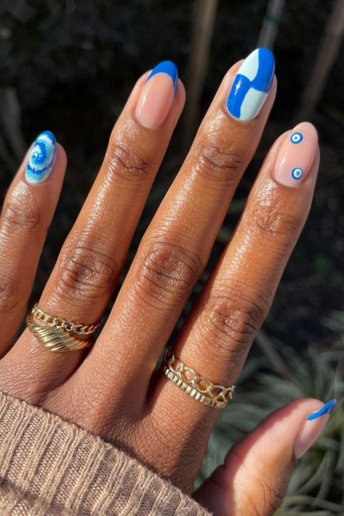 Medium Almond Nude Blue French Evil Eye Nails — Cute Medium Nails