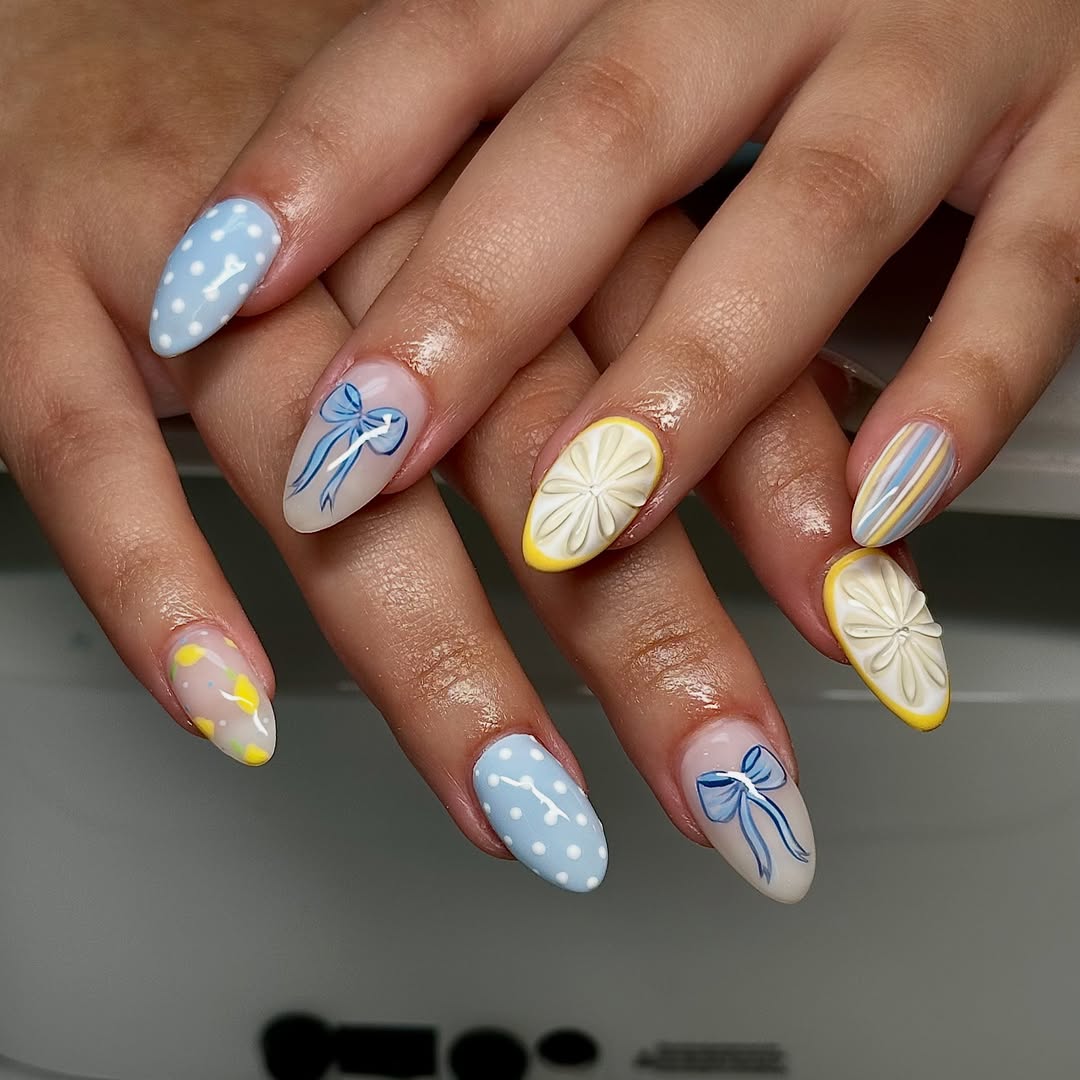 Medium Almond Blue Polka Dot Bow Lemon Nails — Cute Medium Nails