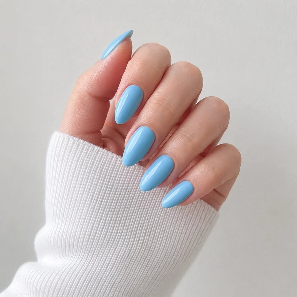 Bright Sky Blue Medium Almond Nails — Cute Medium Nails