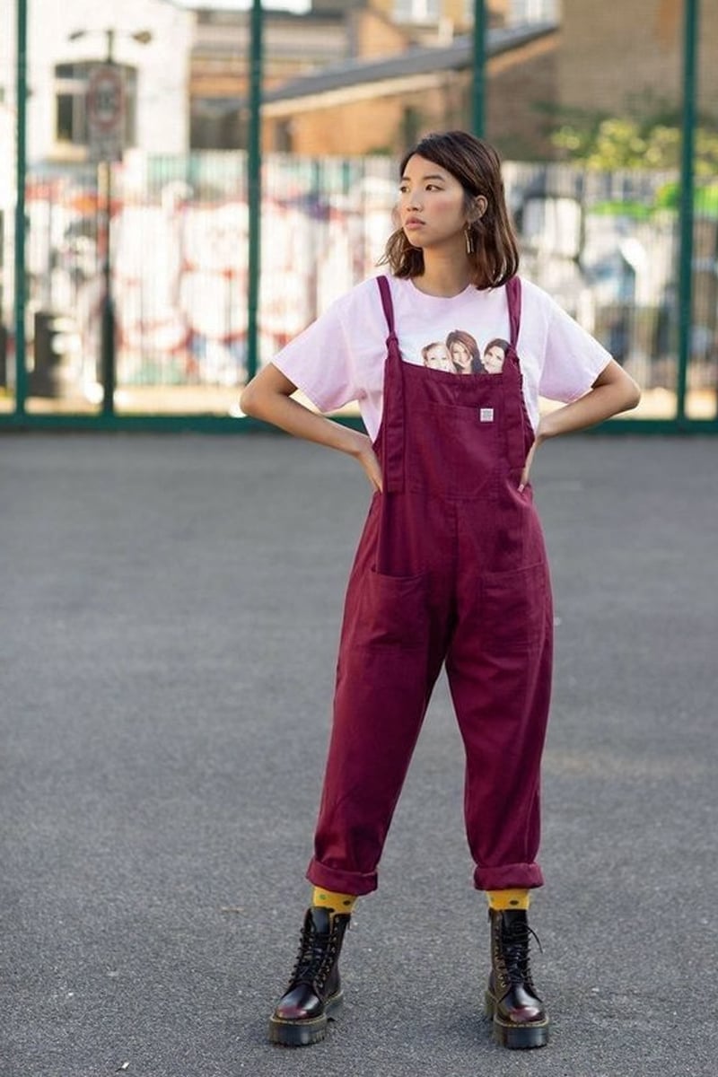Burgundy Overalls with Graphic T-shirt and Boots, Close-Up Take Burgundy Overalls with Graphic T-shirt and Boots, Close-Up Take — Cute Outfit Inspo for School