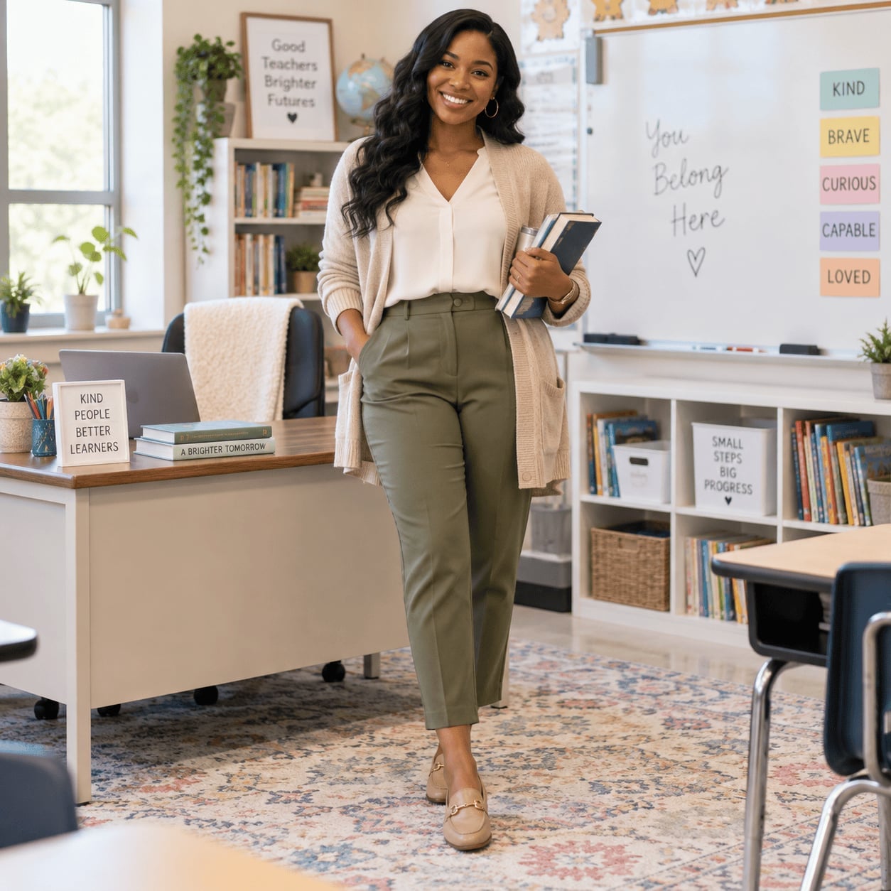 Olive Trousers and Beige Cardigan for School Olive Trousers and Beige Cardigan for School — Cute Outfit Inspo for School