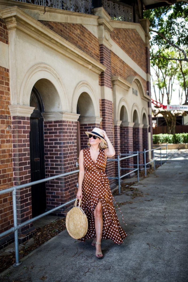 Brown Polka Dot Maxi Dress with Tie Waist and Straw Tote Bag Brown Polka Dot Maxi Dress with Tie Waist and Straw Tote Bag — Cute Polka Dot Outfits
