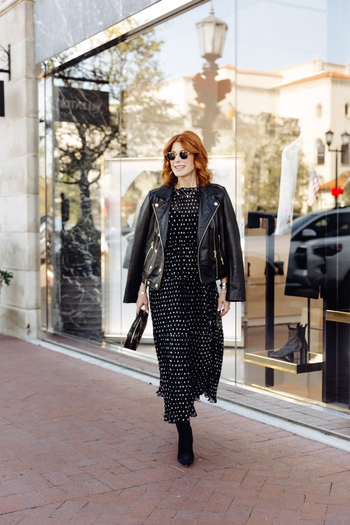 Black Polka Dot Midi Dress with Leather Biker Jacket, Close-Up Take Black Polka Dot Midi Dress with Leather Biker Jacket, Close-Up Take — Cute Polka Dot Outfits