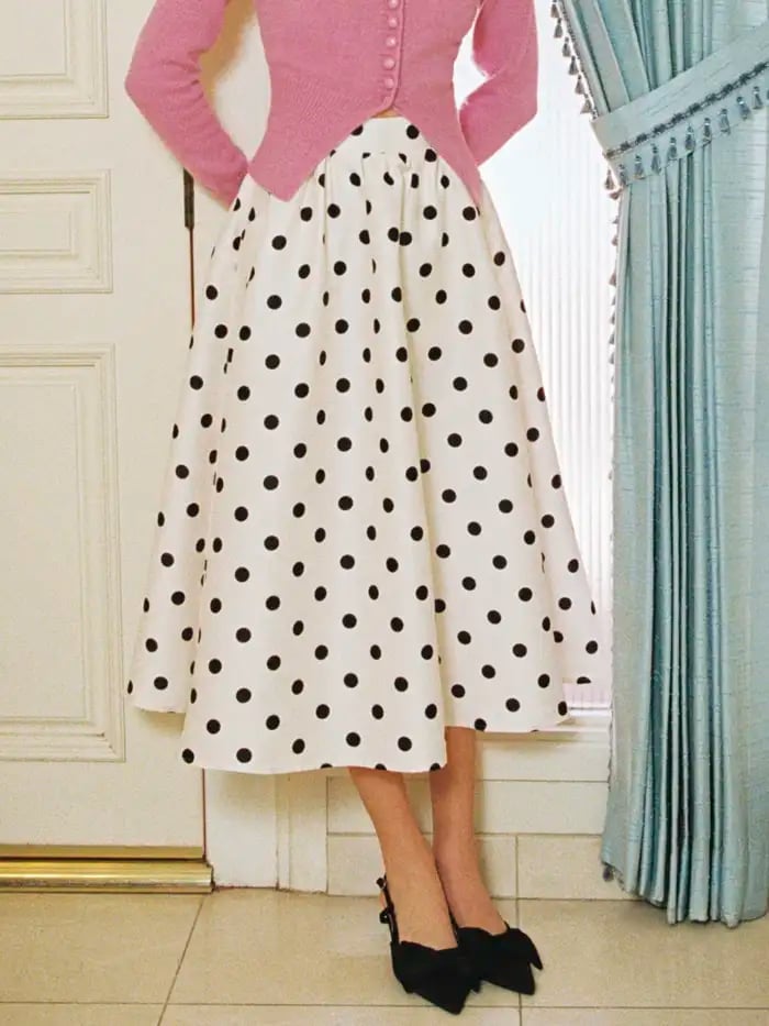White Polka Dot Midi Skirt with Pink Cardigan White Polka Dot Midi Skirt with Pink Cardigan — Cute Polka Dot Outfits