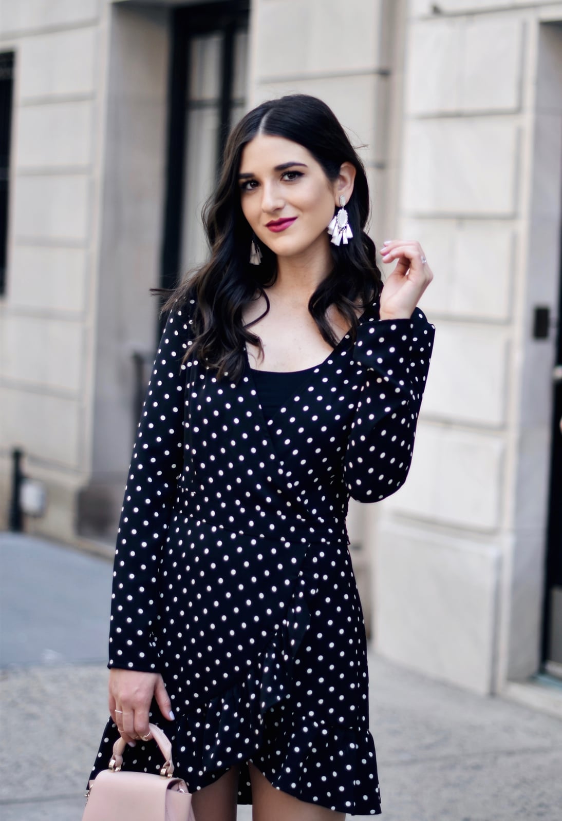 Black Polka Dot Wrap Dress with Tassel Earrings Black Polka Dot Wrap Dress with Tassel Earrings — Cute Polka Dot Outfits