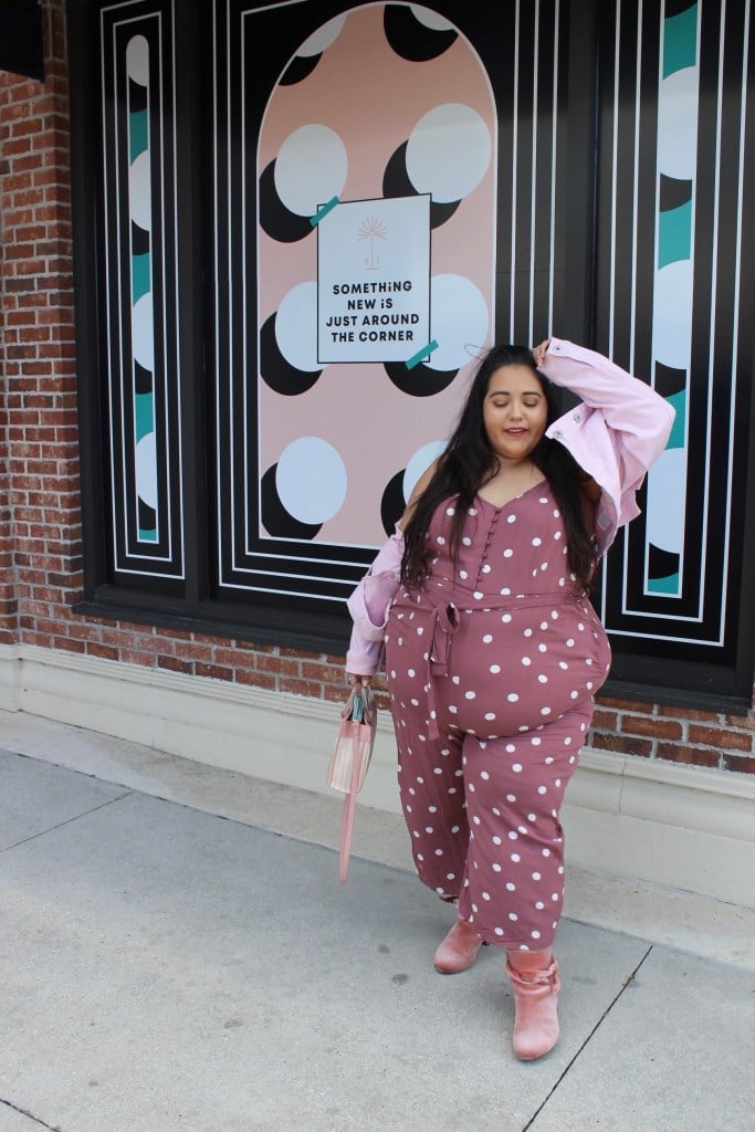 Mauve Polka Dot Jumpsuit with Pink Jacket Mauve Polka Dot Jumpsuit with Pink Jacket — Cute Polka Dot Outfits