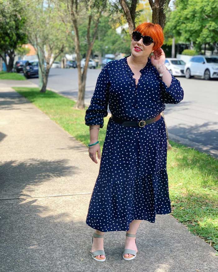 Navy Polka Dot Midi Dress with Block Heel Sandals Navy Polka Dot Midi Dress with Block Heel Sandals — Cute Polka Dot Outfits