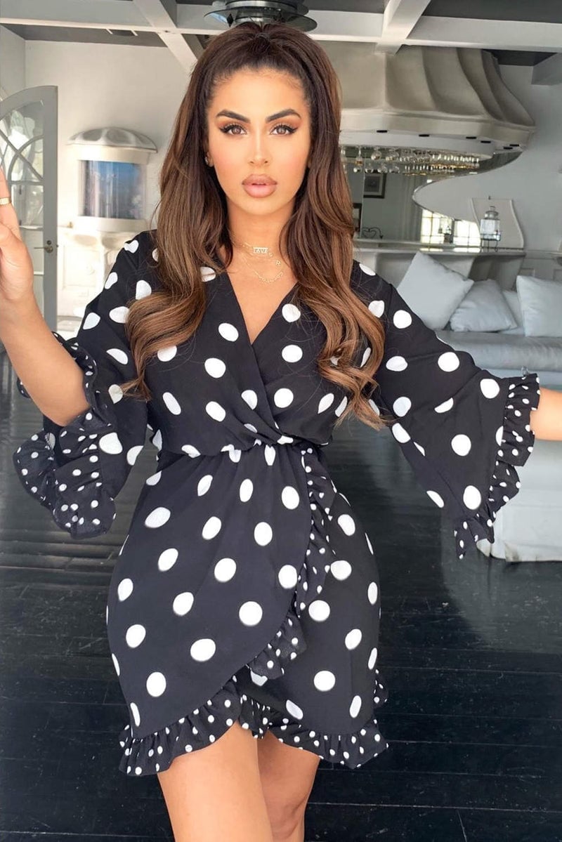 Black Polka Dot Wrap Dress with Ruffled Sleeves Black Polka Dot Wrap Dress with Ruffled Sleeves — Cute Polka Dot Outfits