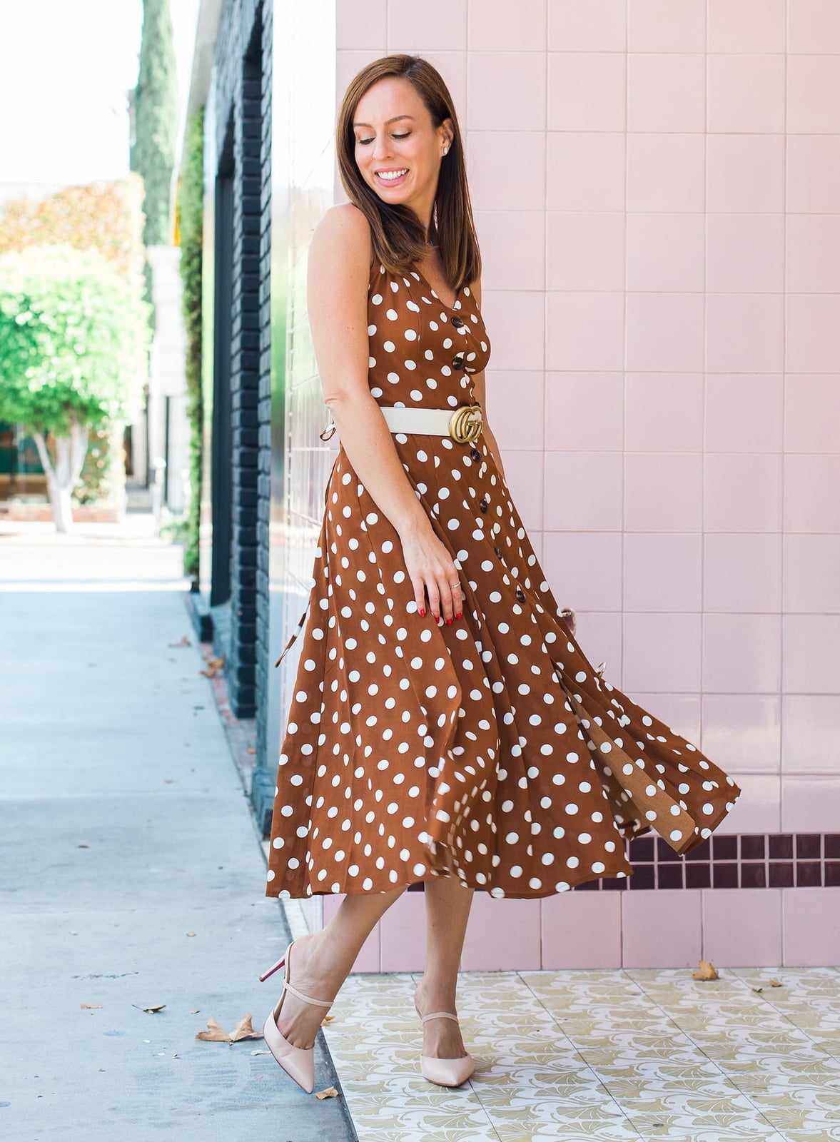 Brown Polka Dot Midi Dress with White Belt Brown Polka Dot Midi Dress with White Belt — Cute Polka Dot Outfits
