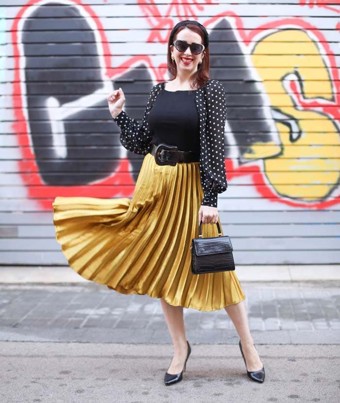 Black Polka Dot Top with Gold Pleated Skirt Black Polka Dot Top with Gold Pleated Skirt — Cute Polka Dot Outfits