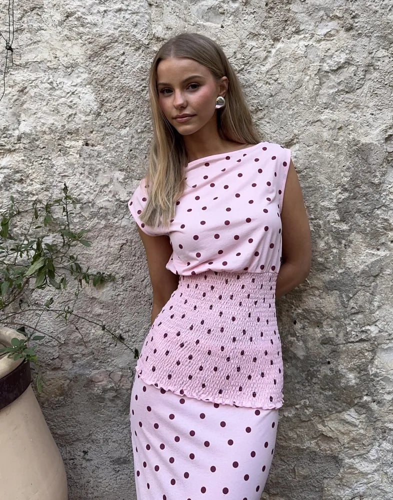 Pink Polka Dot Off-Shoulder Top and Smocked Skirt Pink Polka Dot Off-Shoulder Top and Smocked Skirt — Cute Polka Dot Outfits
