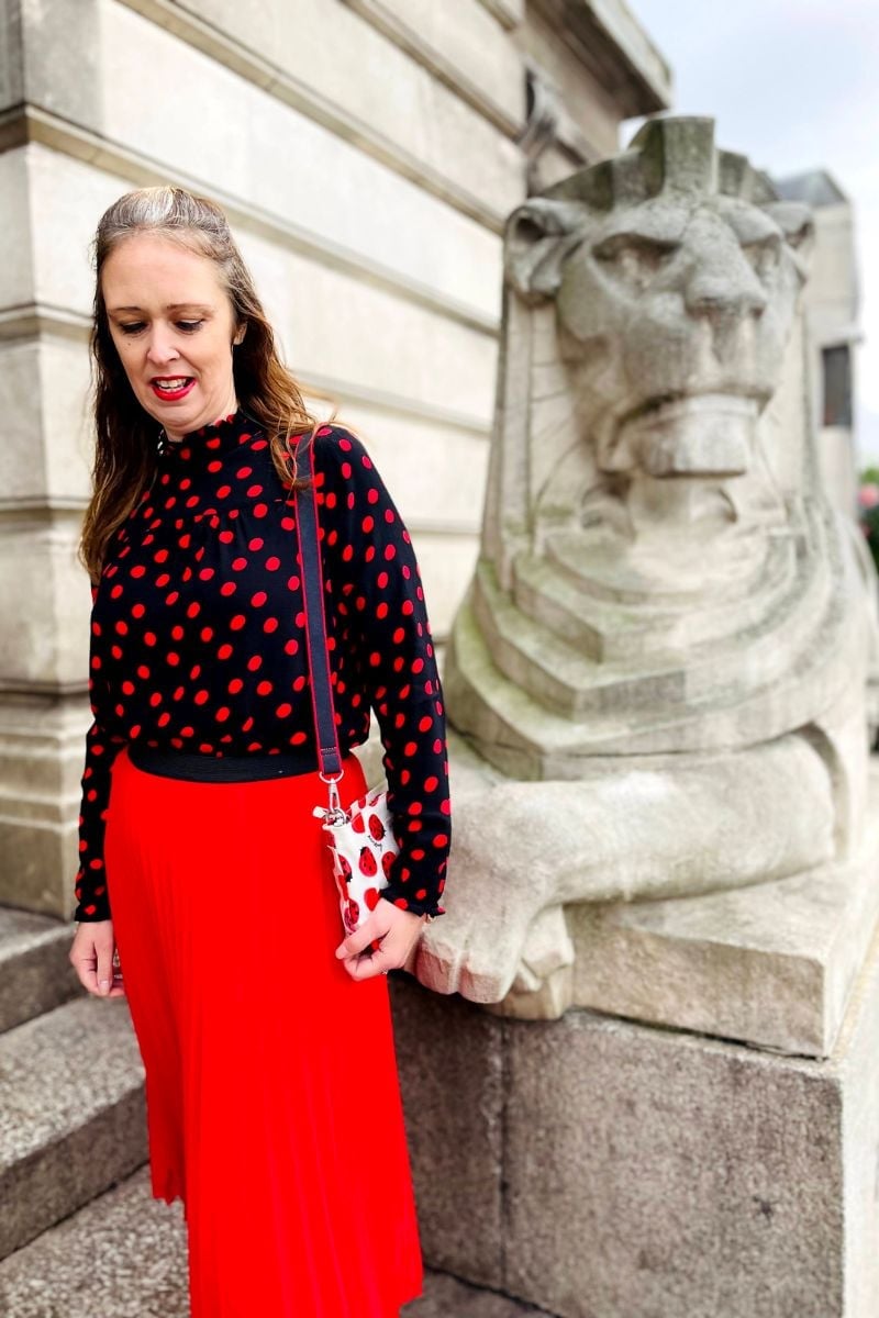 Navy Mock Neck Top with Red Polka Dots and A-line Skirt Navy Mock Neck Top with Red Polka Dots and A-line Skirt — Cute Polka Dot Outfits