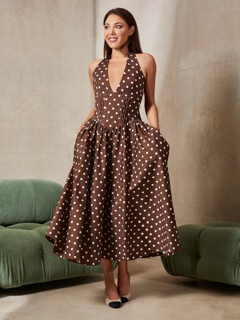 Brown Polka Dot Halter Neck Midi Dress Brown Polka Dot Halter Neck Midi Dress — Cute Polka Dot Outfits