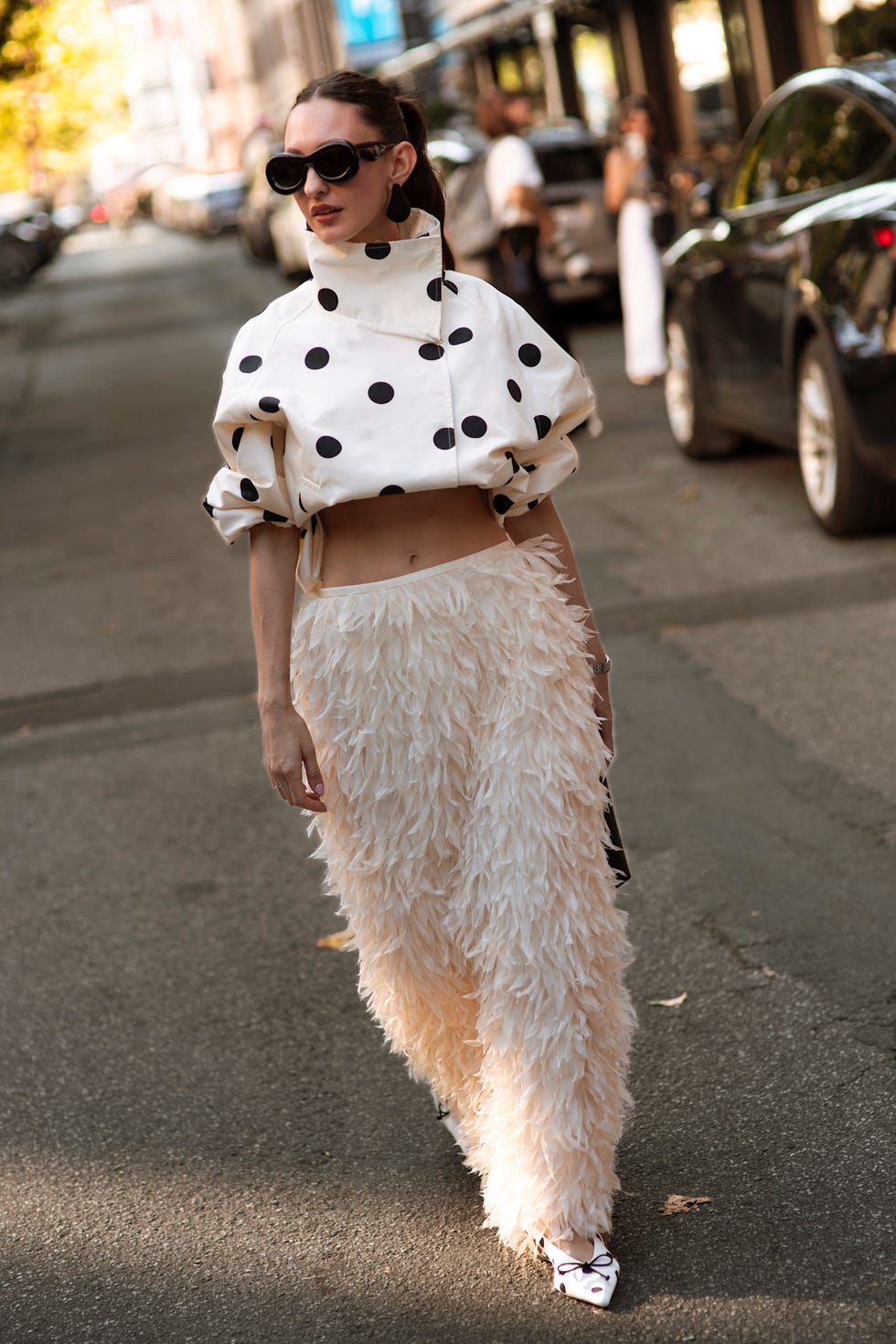 White Polka Dot Cropped Jacket with Feather Trousers White Polka Dot Cropped Jacket with Feather Trousers — Cute Polka Dot Outfits