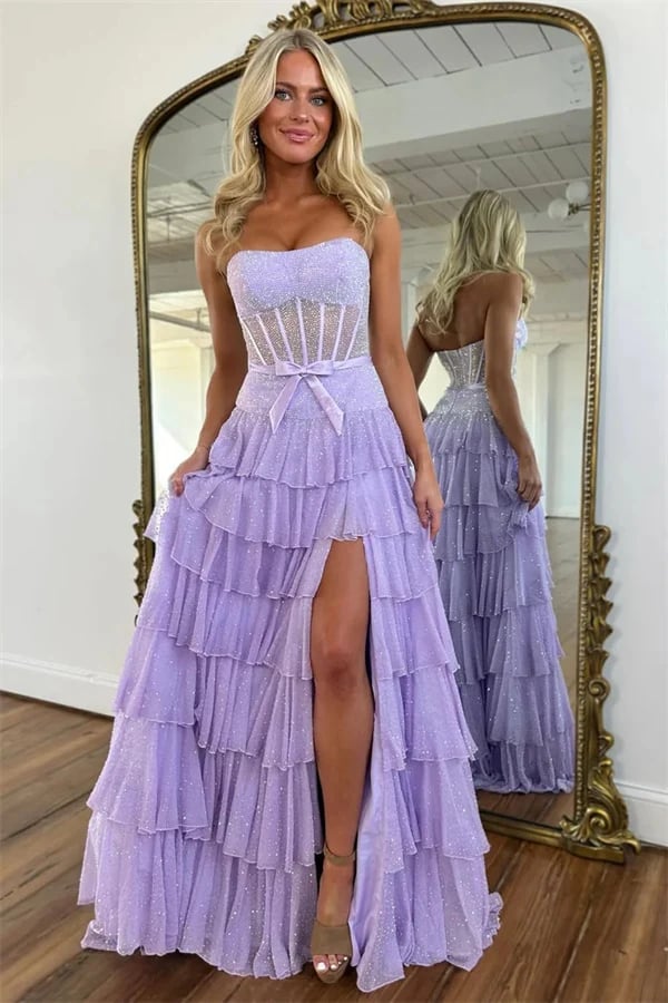 Lavender Strapless Gown With Sheer Panels and Glitter Overlay — Cute Purple Outfits