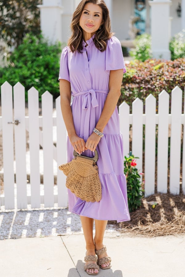 Lavender Button-Down Midi Dress With Tie Waist — Cute Purple Outfits