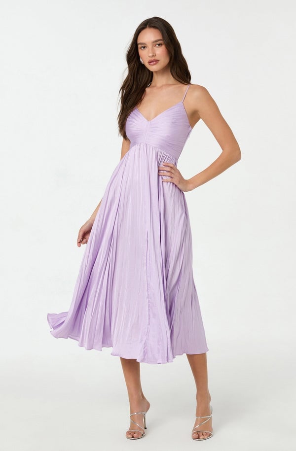 Lavender Satin Spaghetti Strap Dress With Pleated Skirt — Cute Purple Outfits