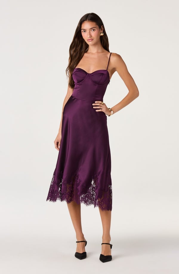Deep Purple Satin Slip Dress With Lace Trim — Cute Purple Outfits