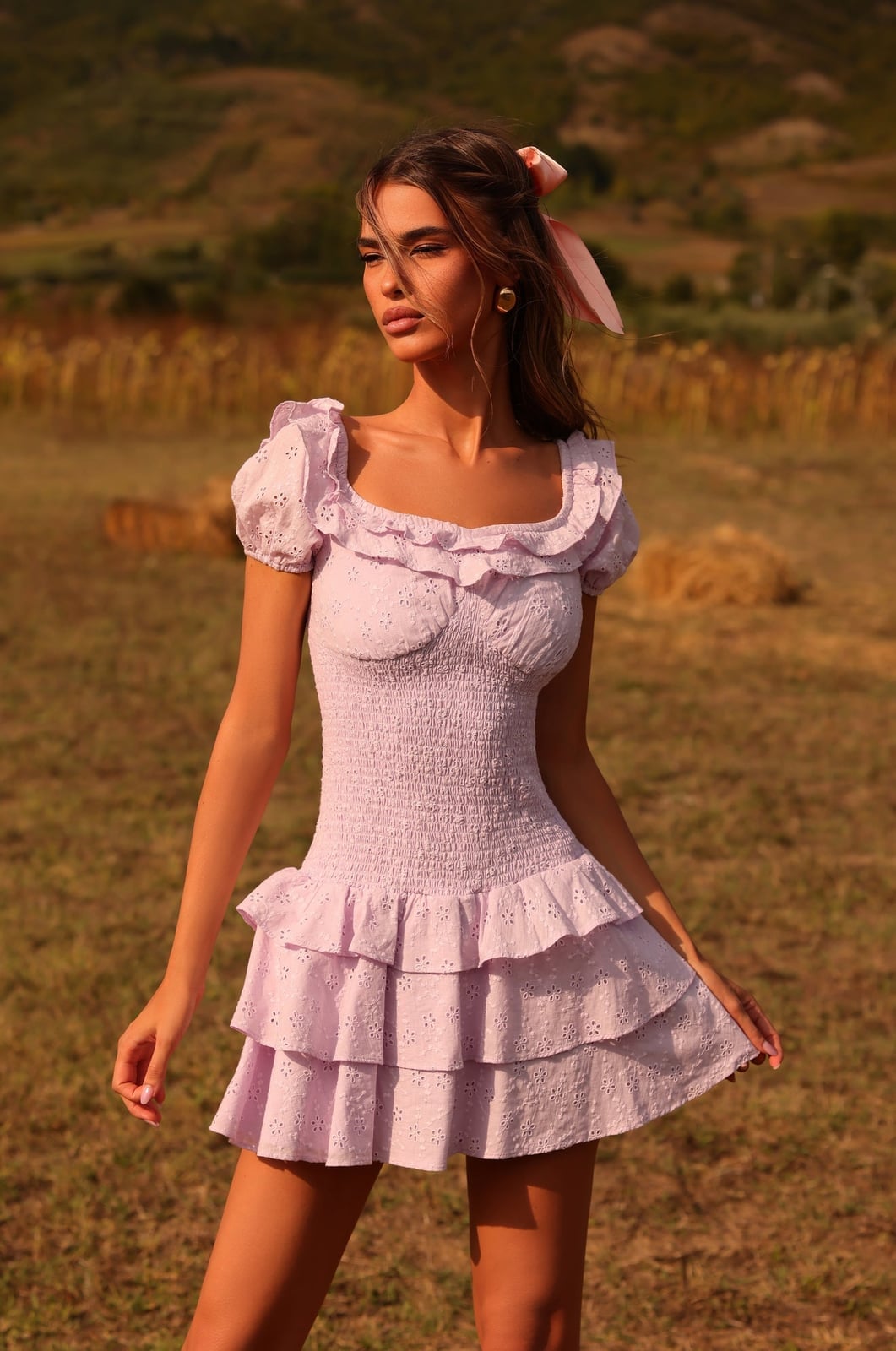 Light Lilac Eyelet Cotton Dress With Smocked Bodice — Cute Purple Outfits