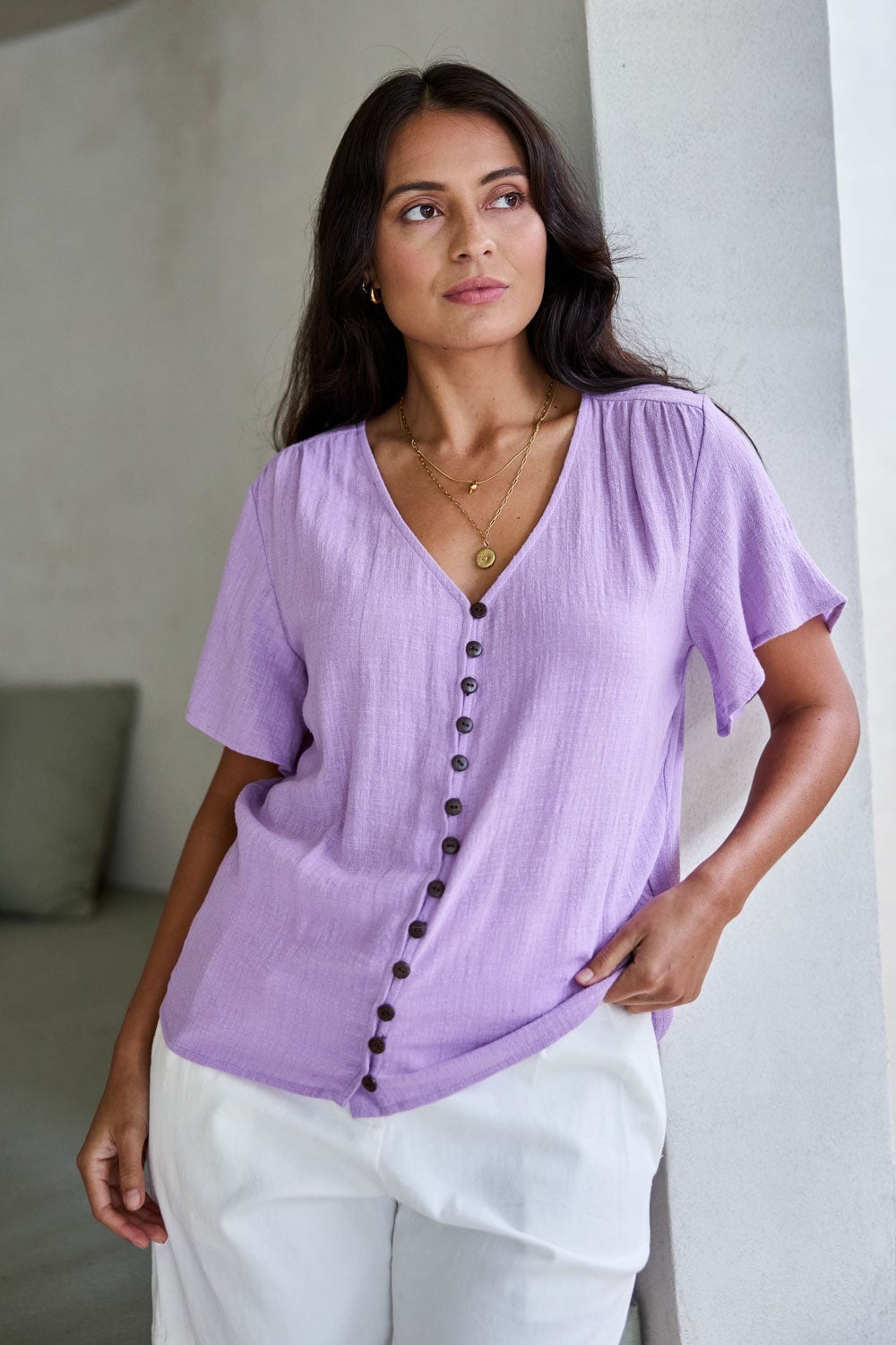 Lavender Textured Cotton Button-Up Blouse — Cute Purple Outfits