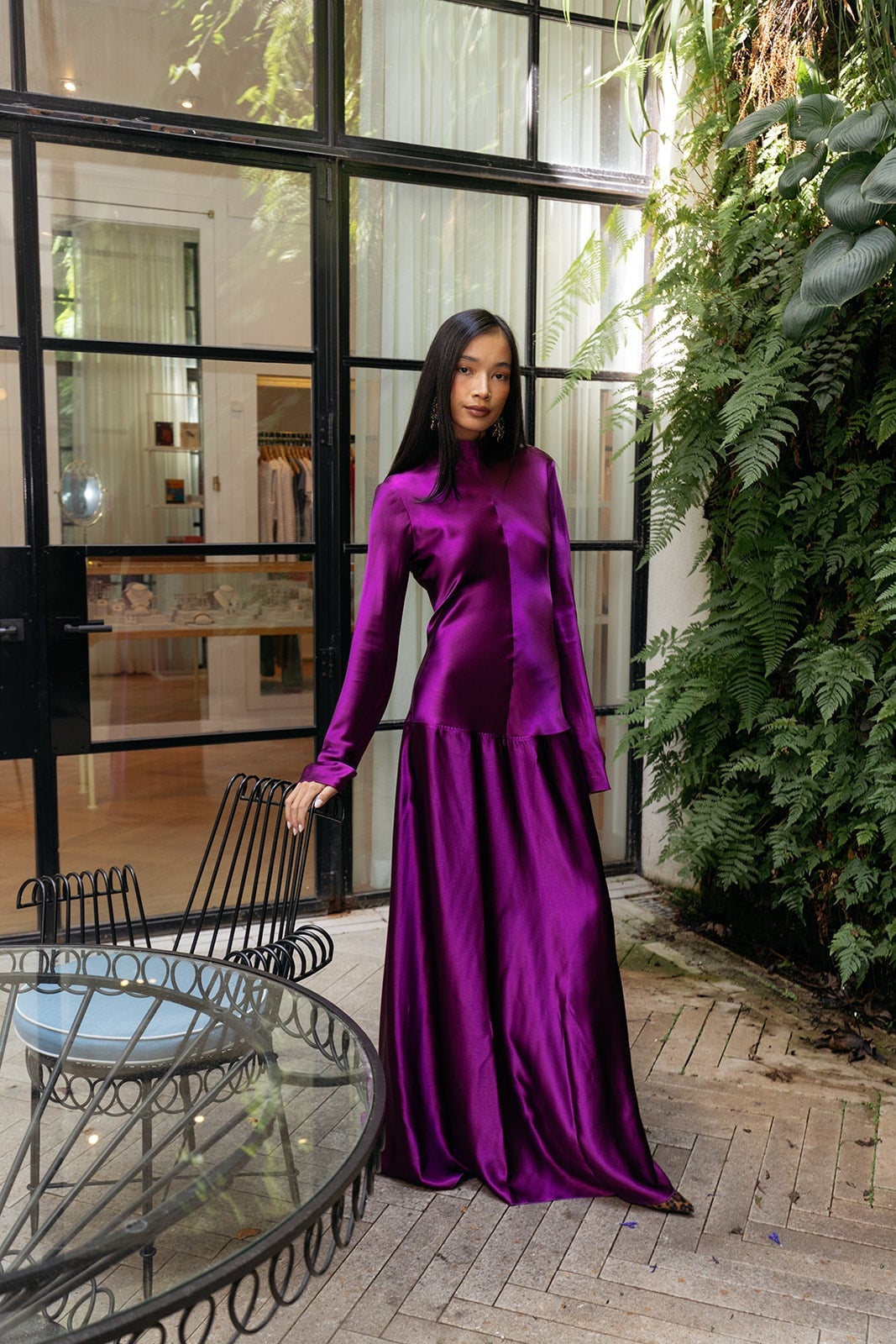 Deep Purple Satin Matching Set With Mock Neck Top — Cute Purple Outfits