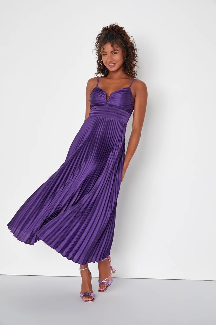 Vibrant Purple Satin Midi Dress With Pleated Skirt — Cute Purple Outfits