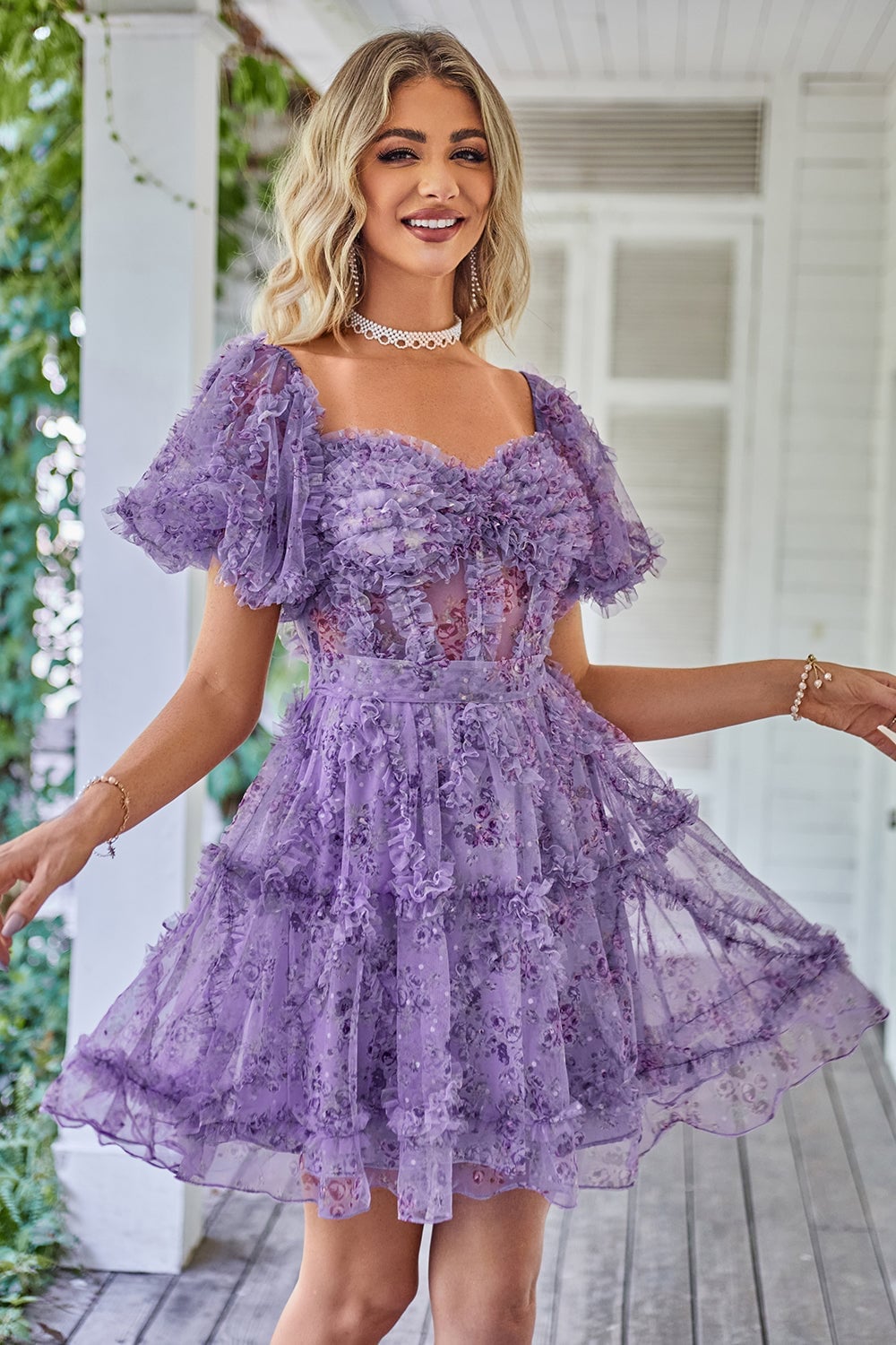 Purple Ruffled Tulle Short Dress With Floral Print — Cute Purple Outfits