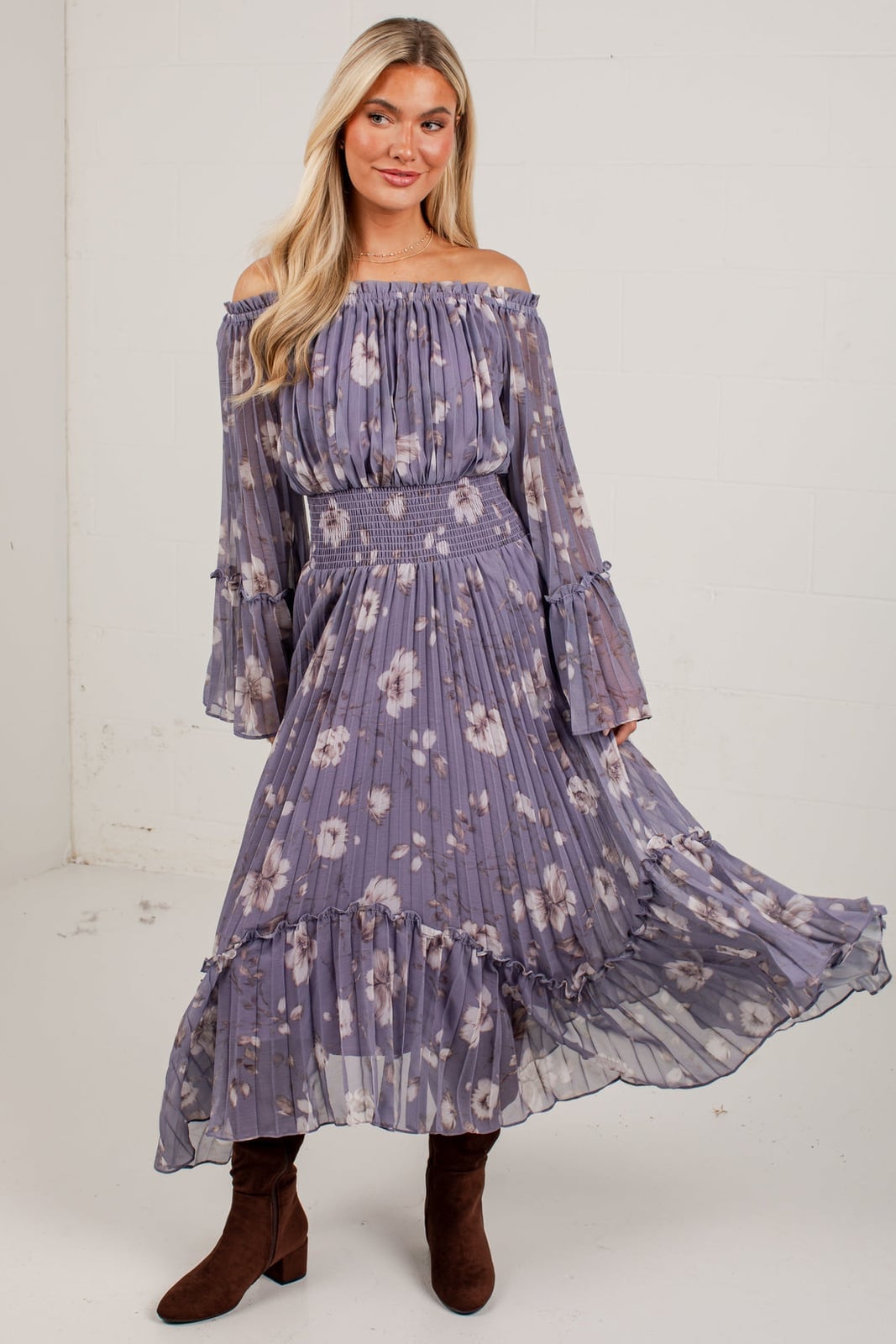 Light Purple Off-Shoulder Dress With Floral Print and Bell Sleeves — Cute Purple Outfits