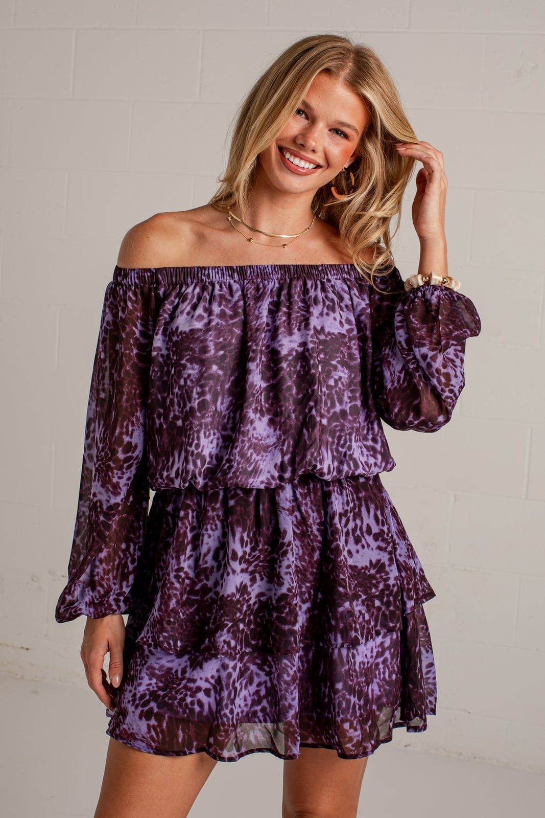 Purple and Dark Purple Animal Print Off-the-Shoulder Dress — Cute Purple Outfits